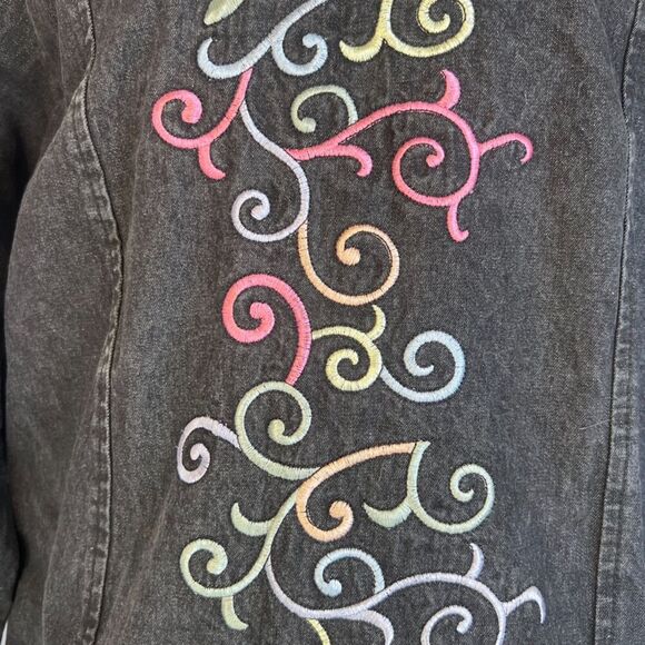 Denim & Co Black Button Front Denim Tunic Cotton Shirt Embroidered Size Small - Picture 10 of 10
